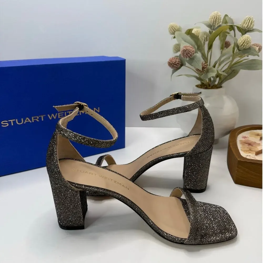 Stuart Weitzman Nudistcurve 75 Block Ankle Strap Sandal New Pyrite Women's 9B